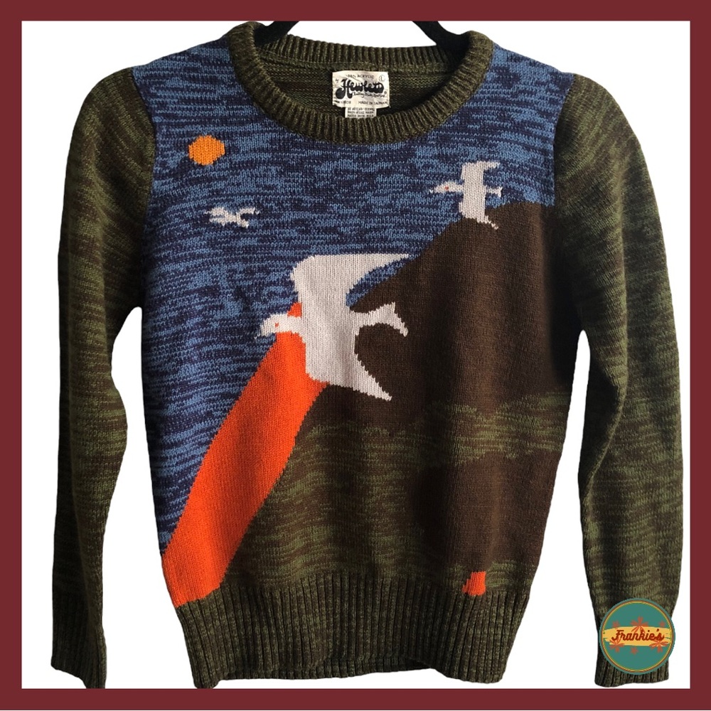 Hewlett - Green and Blue Nature Scene Knit Sweater 100% Acrylic Kids Size Large